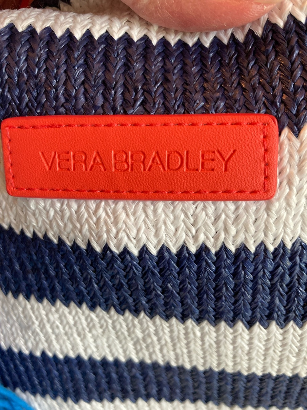 Vera Bradley Navy and White Striped Tote with Orange Trim and Tassel - Picture 2 of 11